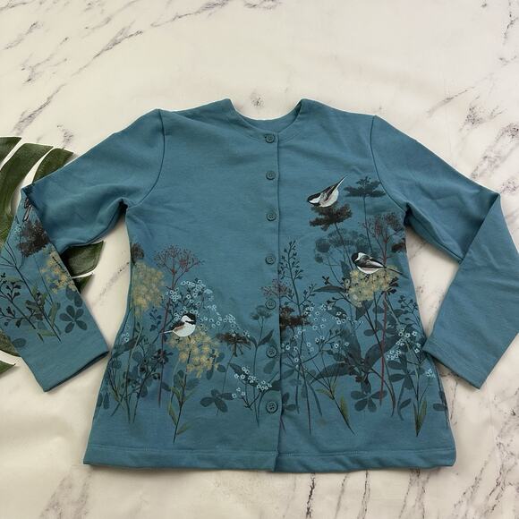 Artisan Vintage Y2k Sweatshirt Cardigan Size S Blue Birds Floral Buttons Grandma - Picture 1 of 12